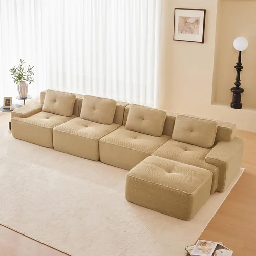 Vista 96 de Sofá moderno comprimido sin armazón de 116", sofás seccionales de 3 plazas para sala de estar, sofá seccional modular de pana verde nube, espuma