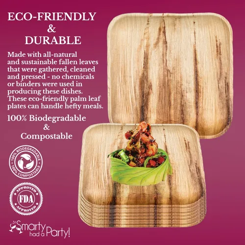 Vista 4 de Smarty Had A Party Platos desechables de hoja de palma, ecológicos, 100% biodegradables y compostables a granel para fiestas temáticas rústicas