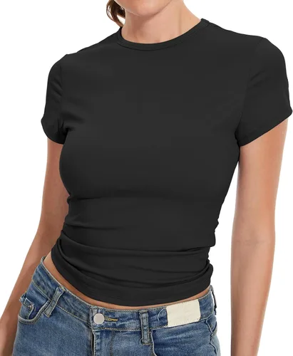 Vista 2 de Camisetas básicas casuales para mujer, sexy, de verano, para salir, de manga corta, lindas blusas ajustadas Y2K con cuello redondo