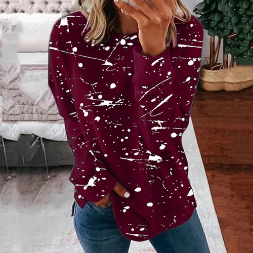 Vista 2 de Camisetas de manga larga de otoño para mujer, sudaderas de cuello redondo con gráficos geométricos de moda, cómodas, holgadas, con abertura lateral