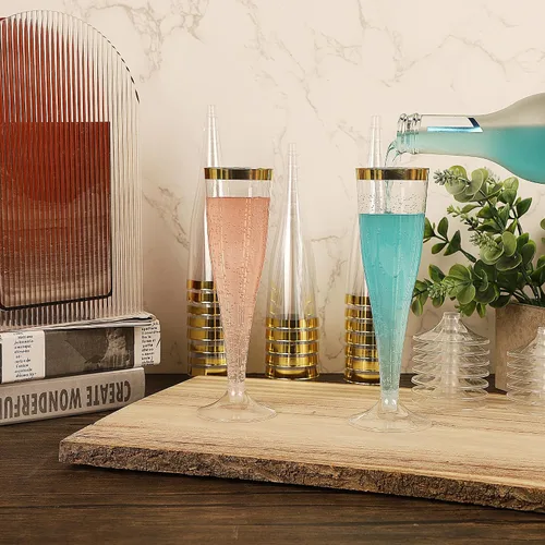 Vista 7 de Zcaukya 100 copas de champán de plástico, 4.5 onzas, vasos duros desechables transparentes con borde dorado, copas de champán de plástico