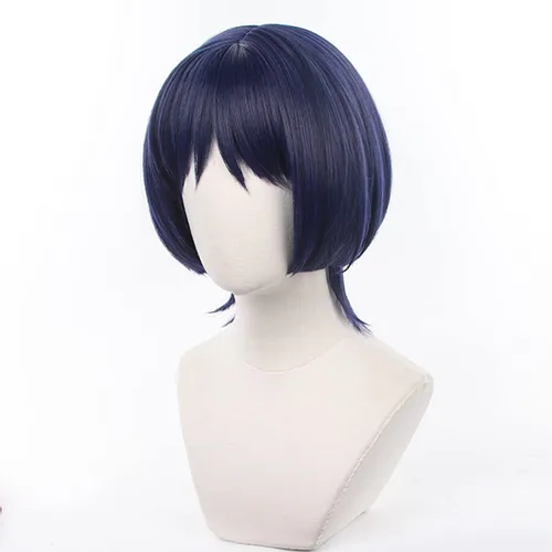 Vista 2 de XiongXiongLe Peluca de cosplay de Scaramouche azul para hombre, pelucas de repuesto de pelo corto y lacio + gorra para niños, juego Genshin Impact