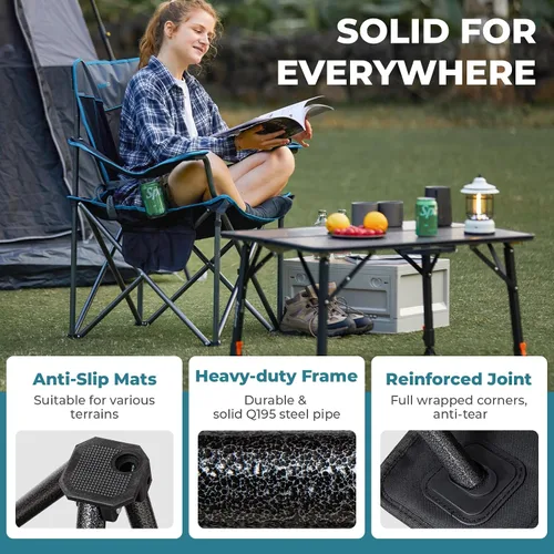 Vista 7 de FUNDANGO Silla de campamento de gran tamaño para adultos, silla de césped plegable portátil de servicio pesado con asiento y respaldo acolchados