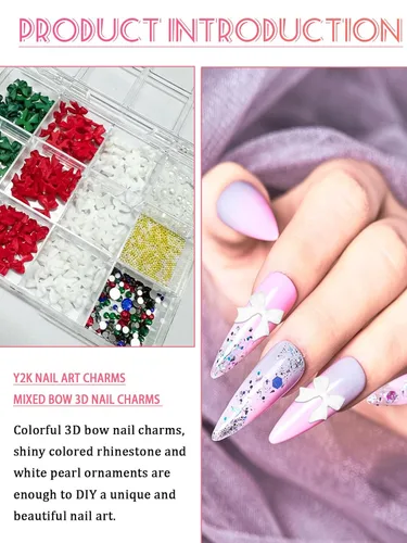 Vista 2 de CYHYII - Lazos 3D para arte de uñas, lazos coloridos mezclados con pajarita roja, verde, azul, diamantes de imitación para uñas, parte trasera