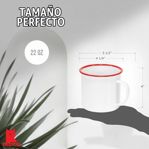 Vista 2 de Red Co. Enamelware - Taza redonda de metal para café y té de 22 onzas con asa, borde blanco y rojo sólido