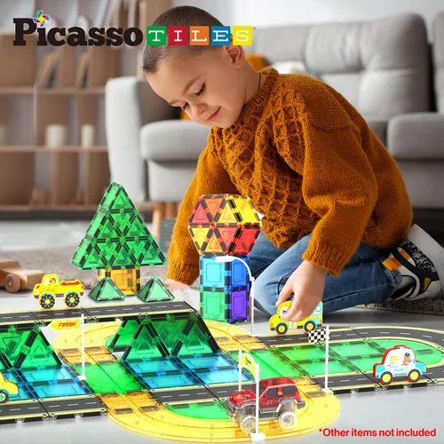 Vista 4 de PicassoTiles Azulejos Magnéticos de Construcción Pista de Autos Vehículo Magnético Tema de Aventura Calle Impresa Carretera Pista Autopista Bloque