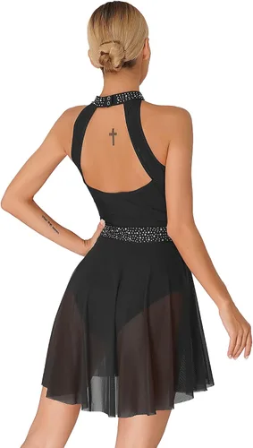 Vista 2 de FEESHOW Women Shiny Rhinestone Lyrical Dance Dress Backless Leotard Dresses Figure Skating Dance Costume