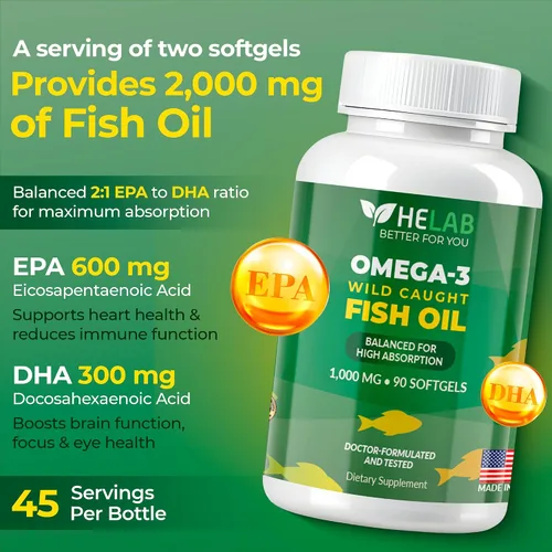 Vista 2 de Suplemento de aceite de pescado Omega 3 (90 unidades) Aceite de pescado omega3 capturado en la naturaleza, alto EPA DHA, rico en ácidos grasos