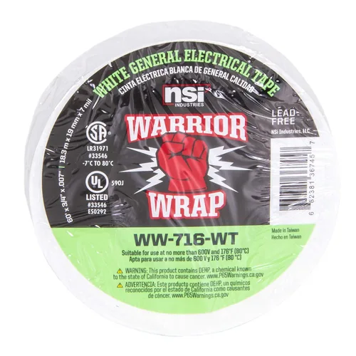 Vista 4 de NSI WW-716-WT WarriorWrap General Cinta eléctrica de vinilo de 7 mil, 3/4" de ancho, 60' de largo, blanco