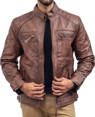 Vista 3 de Cafe Racer Motorcycle Jacket Men - Real Lambskin Leather Jacket Mens