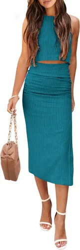 Vista 16 de PRETTYGARDEN Conjunto de 2 piezas de verano para mujer, cuello redondo, sin mangas, con abertura, falda midi
