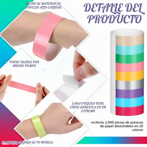 Vista 3 de 2000 pulseras de papel para eventos, variedad a granel, bandas de muñeca de neón, bandas de mano impermeables, pulseras de papel adhesivas, pulseras