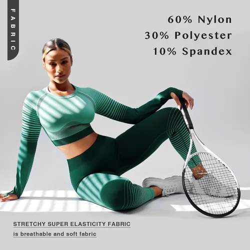 Vista 6 de FeelinGirl Conjuntos de entrenamiento para mujer, 2 piezas, manga larga, trajes de yoga, gimnasio, sin costuras, acanalados, cintura alta, leggings