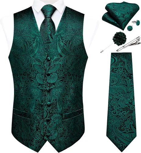 Vista 19 de DiBanGu Juego de chaleco y corbata para hombre, chaleco formal de cachemira y corbata con bolsillo cuadrado y gemelos, de seda, para traje o Verde