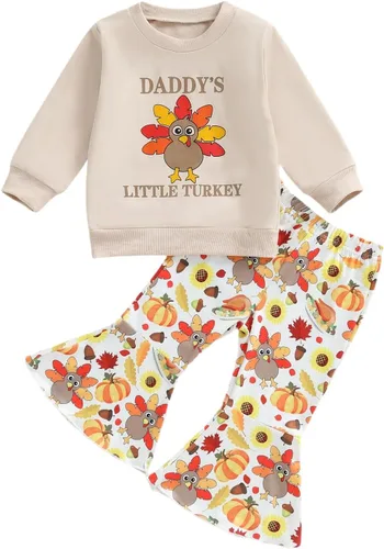Vista 8 de BemeyourBBs Conjunto de sudadera de manga larga de pavo para niña con pantalones acampanados, ropa de otoño