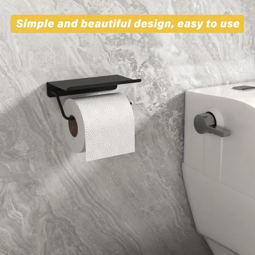 Vista 7 de Soporte de papel higiénico con estante para teléfono, accesorios de baño, dispensador de rollo de pañuelos de almacenamiento montado en la pared