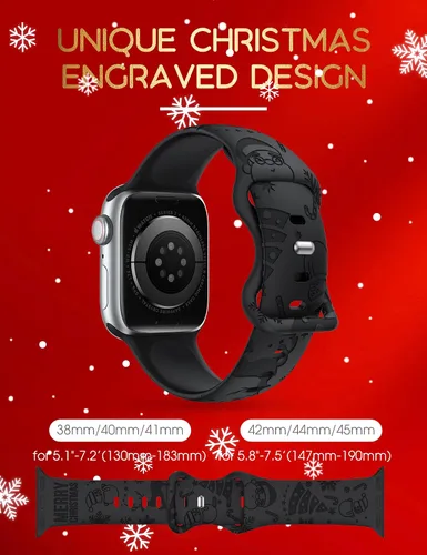 Vista 5 de Wearlizer - Correa con copos de nieve de Navidad grabada compatible con Apple Watch de 41/38/40/42/45/44/46/49 mm, correa deportiva de silicona Negro
