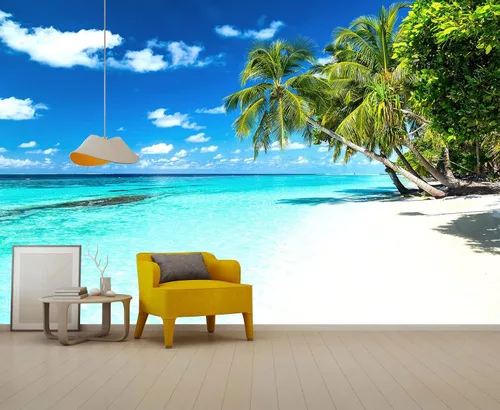 Vista 6 de Reyhui - Papel tapiz con imagen de palmera, paraíso tropical, playa, paisaje marino, para paredes de dormitorio, sala de estar, fondo de televisión