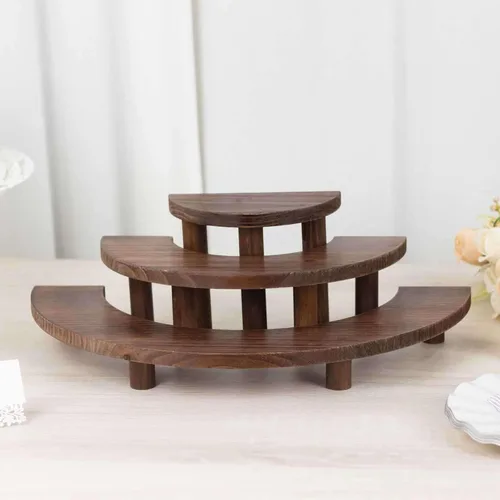 Vista 6 de Efavormart - Juego de 3 pedestales de postre semicírculo de madera marrón rústica de 3 niveles, elevadores de exhibición de cupcakes de media luna