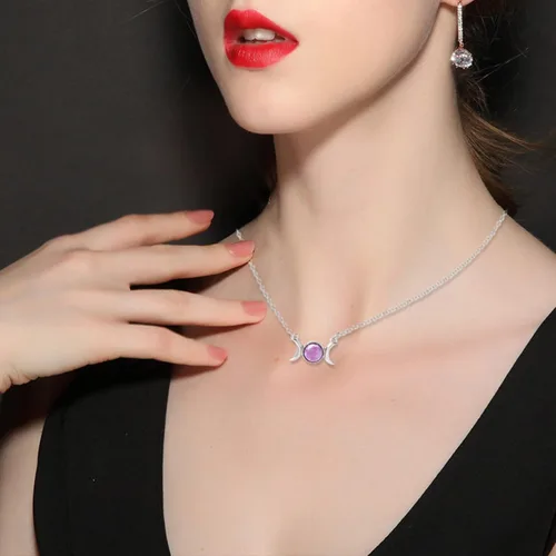 Vista 2 de MISS RIGHT Dainty Triple Moon Goddess Crystal Necklace for Women Men Girls, Crescent Moon Phase Healing Chakra Necklaces Wiccan Birthstone Celestial