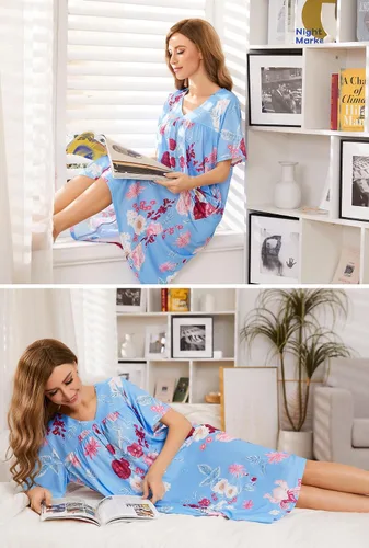 Vista 4 de Bloggerlove House Dress for Women Cotton MooMoo Dresses with Pockets Floral Pleated Short Sleeve V-Neck Mumus for Lounging