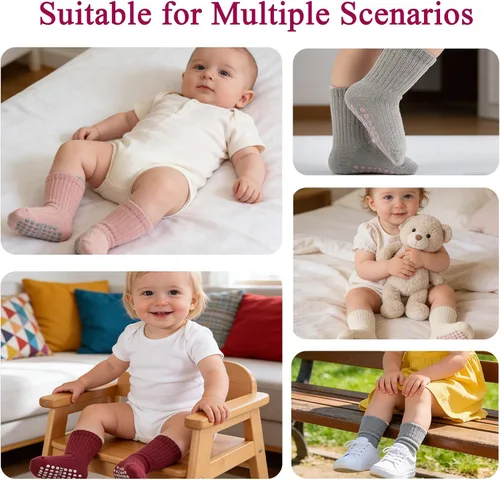 Vista 7 de 8 pares de calcetines de algodón antideslizantes para niños y niñas, recién nacidos, calcetines antideslizantes