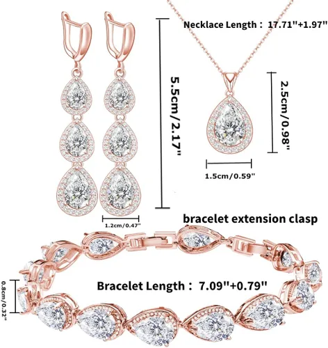Vista 5 de LMXXVJ Juego de collar y aretes largos, chapado en oro blanco, juego de joyas de zafiro azul creado, joyería de regalo para boda, fiesta de boda
