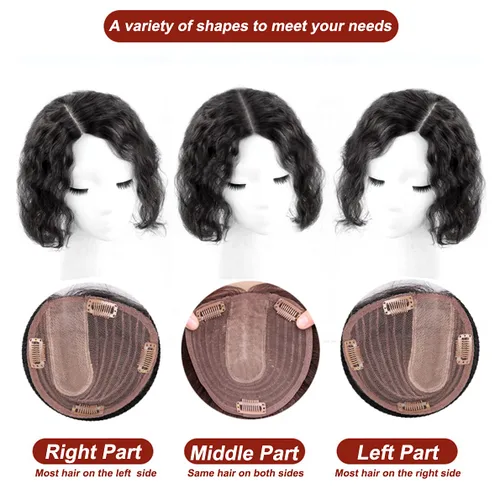 Vista 7 de Peluca de cabello humano rizado natural para mujer, con clip, 5.1 x 5.5 in, parte superior plateada, parte izquierda para cubrir pérdida de cabello