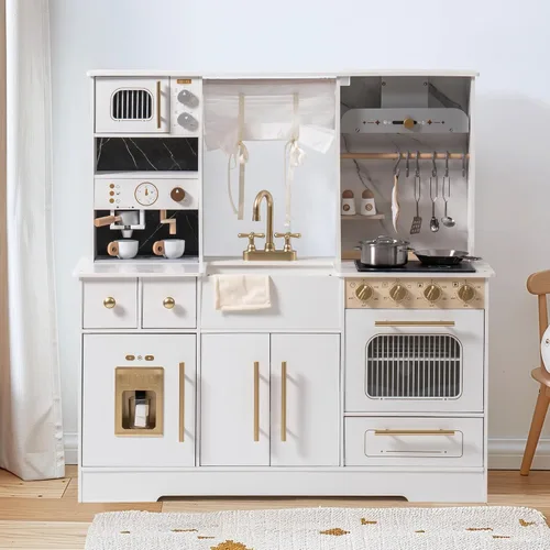 Vista 10 de ROBOTIME Juego de cocina de madera para niños, juego de cocina para niños pequeños con máquina de hielo y cafetera, juguete de cocina realista