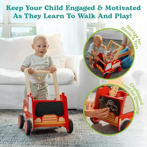 Vista 2 de Andador de madera para bebés con ruedas – Caminador de bebé para niños Camión de bomberos – Andador para bebé niño con asas aparejadas – Altura