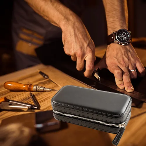 Vista 4 de Mr.Okay Funda de viaje para 2 relojes funda de cuero profesional para hombre, organizador de relojes portátil para almacenamiento y exhibición.