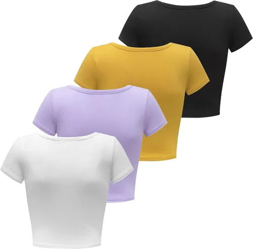 Vista 3 de Formeet17 4 piezas de camisetas cortas básicas con cuello redondo y manga casquillo para mujer