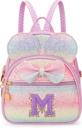Vista 29 de KKXIU Mochilas Mini con Moño Inicial para Niñas y Mujeres, Linda Mochila Pequeña con Asa de Bolso, Regalos Personalizados para Niños, Arcoíris