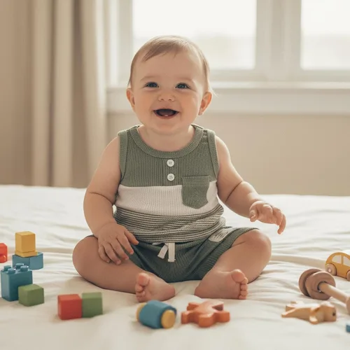 Vista 35 de Ropa de bebé niño sin mangas + pantalones cortos con estampado a rayas con bolsillos, 2 piezas de trajes de verano