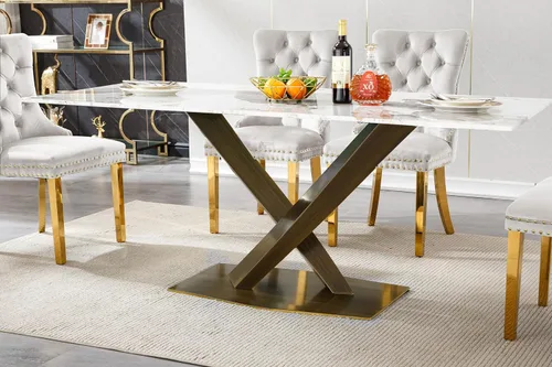 Vista 27 de Mesa de comedor de mármol negro para 4, 6, 70 pulgadas, moderna mesa de comedor de cocina dorada con base de acero inoxidable con diseño