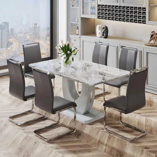 Vista 52 de JUFU Juego de mesa de comedor moderno para 4, juego de mesa de cocina rectangular de 63 pulgadas con mesa de mármol sintético y 4 sillas tapizadas