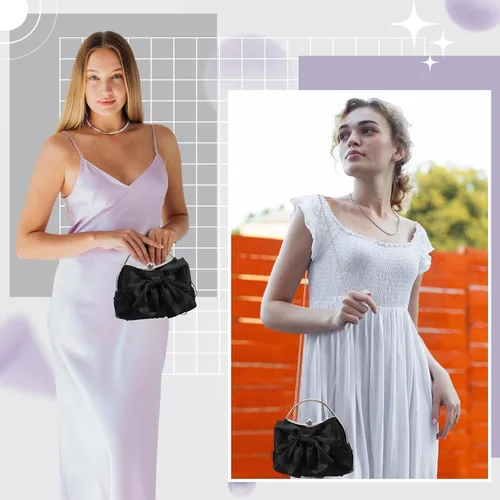 Vista 6 de Coquette - Bolso de mano para mujer, plisado, de satén, con lazo, bolsa de noche con cadena cruzada para boda, fiesta, baile de graduación