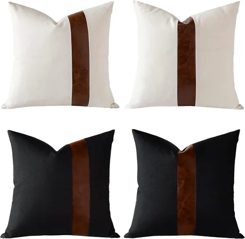 Vista 7 de OTOSTAR Juego de 4 fundas de almohada de lino con retazos de piel sintética de 20 x 20 pulgadas, decoración de granja a rayas, modernas, fundas