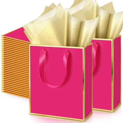Vista 8 de Yeaqee Paquete de 100 bolsas metálicas de regalo con asa y papel de seda de papel de seda dorado para graduación, boda, padrinos de boda, regalos