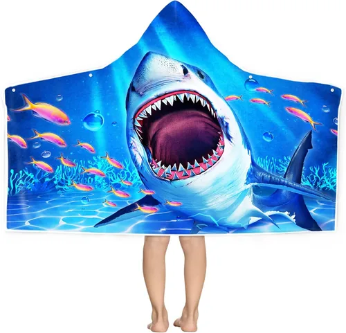 Vista 18 de Bonsai Tree Toalla de playa con capucha de tiburón para niños, toalla de baño con capucha de peces marinos frescos para niños, divertidos animales