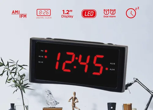 Vista 3 de HANNLOMAX Radio despertador HX-151CR, radio PLL AM/FM, alarma dual, pantalla LED roja de 1.2", solo operación de CA (negro)