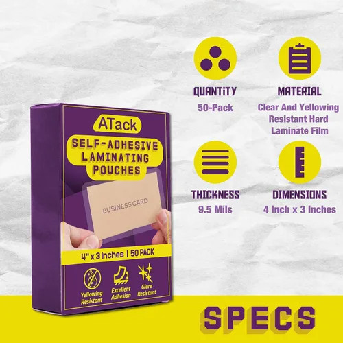 Vista 2 de ATack Bolsas autolaminadas, paquete de 50 hojas autolaminadas para tarjetas de visita, 9.5 mils, hojas laminadas autoadhesivas para tarjetas