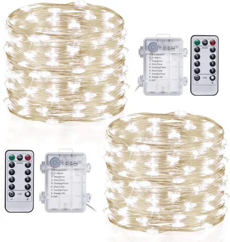 Vista 11 de Guirnalda de luces a pilas con temporizador de control remoto, 33 pies, 100 luces LED, impermeables, 8 modos, alambre de cobre, luces blancas Blanco