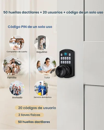 Vista 4 de Perilla de puerta inteligente con teclado huella digital Cerradura