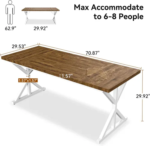 Vista 2 de Mesa de comedor de granja para 6-8 personas, mesa de comedor rectangular de madera de 70.8 pulgadas, mesa de cocina rústica con patas de metal extra