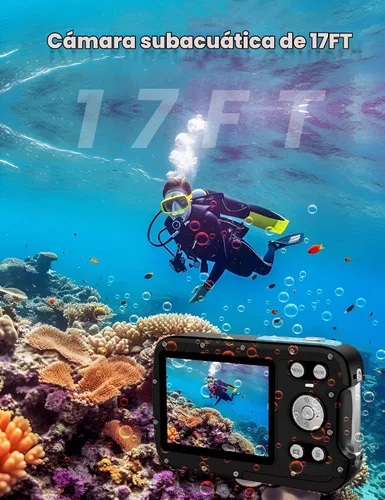 Vista 4 de Cámara subacuática 4K 48MP Autofocus Selfie Cámara impermeable de doble pantalla con correa flotante y tarjeta de 32 GB, cámara digital compacta