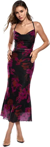 Vista 20 de SOLY HUX Vestido de malla floral para mujer, vestido largo para cóctel Estampado floral multicolor.