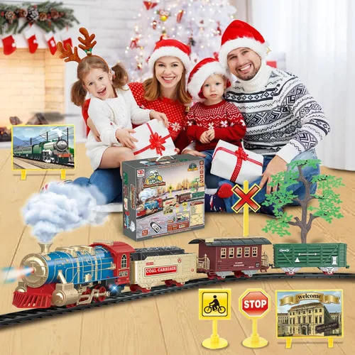 Vista 7 de JQ JUQU Juego de tren de control remoto para niños de 3 a 8 años, tren de juguete eléctrico con vapor, luces y sonidos, incluye 17 pistas y batería