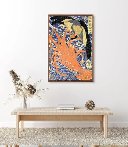 Vista 2 de Utagawa Kuniyoshi - Lienzo con marco flotante para pared, pintura japonesa Ukiyo-e, un pájaro gigante y una langosta - 16 x 24 pulgadas