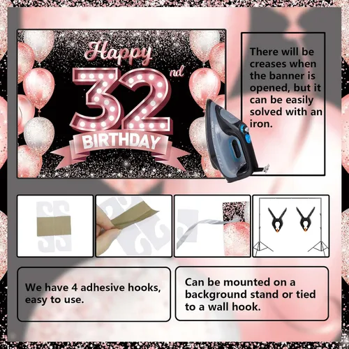 Vista 276 de Cartel de feliz cumpleaños décimo oro rosa, telón de fondo, saludos a 10 años, globos de confeti, decoración temática para niñas de 10 años